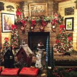 Lake Shore Cabins Gift Shop fireplace decorated for Christmas