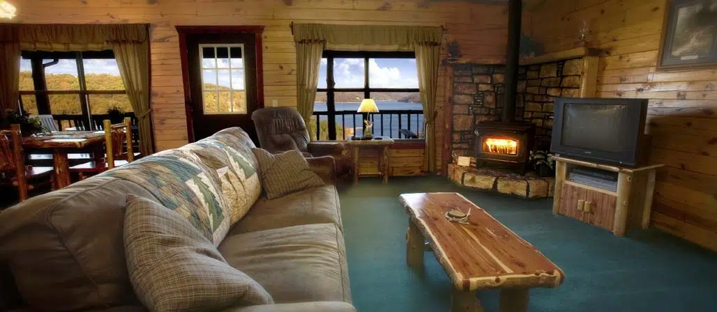 Cabin Interior seating area with wood stove