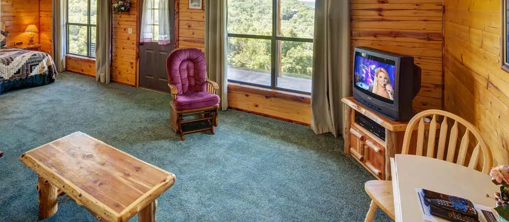 Cabin seating area with television on. Window shows exterior view of trees