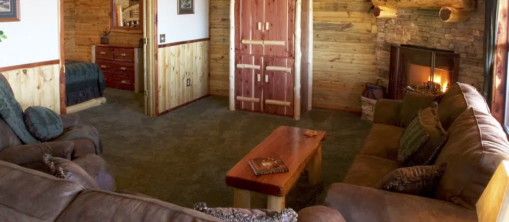 Fireplace and living room seating in Cabin 8
